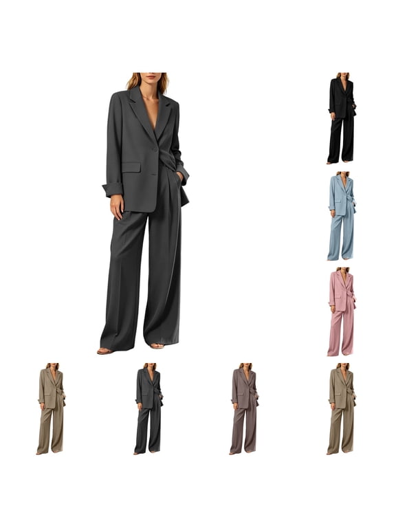 Women Suits 2 Piece Set Business Casual Dressy Oversized Blazer Jacket and Wide Leg Dress Pantsuits Formal Outfits