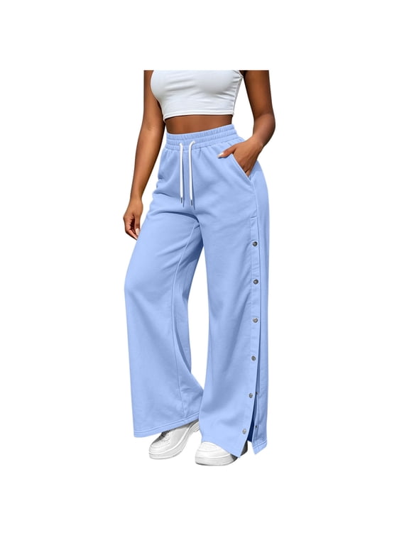 Women Tear Away Pants High Waisted Wide Leg Sweatpants Side Snap Button Open Hem Pants