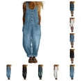 thumbnail image 1 of SAWOBUUN Women Vintage Washed Denim Romper Sleeveless Adjustable Straps Wide Leg Loose Fit Overalls Button Front Bib Long Pants with Pockets, 1 of 7