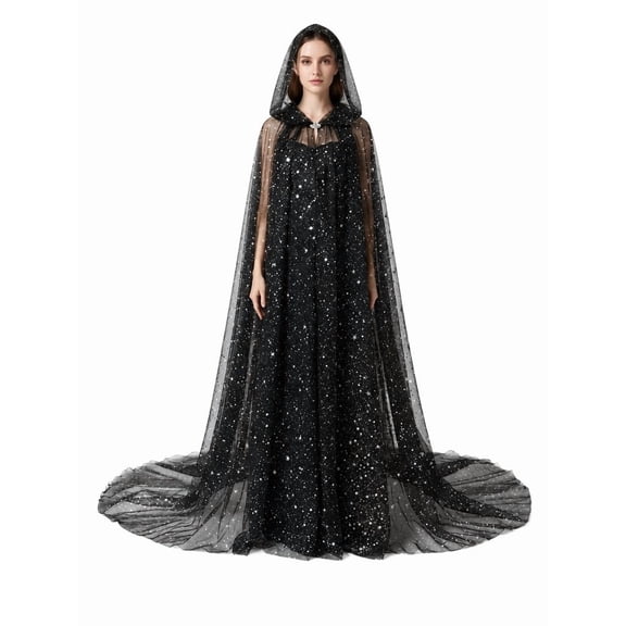 SAWOBUUN Women Wedding Tulle Hooded Cape Celestial Witch Elf Cloak Halloween Gothic Cloak