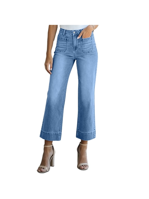 Women Wide Leg Jeans High Waisted Vintage Washed Stretchy Loose Denim Pants with Front Patch Pockets