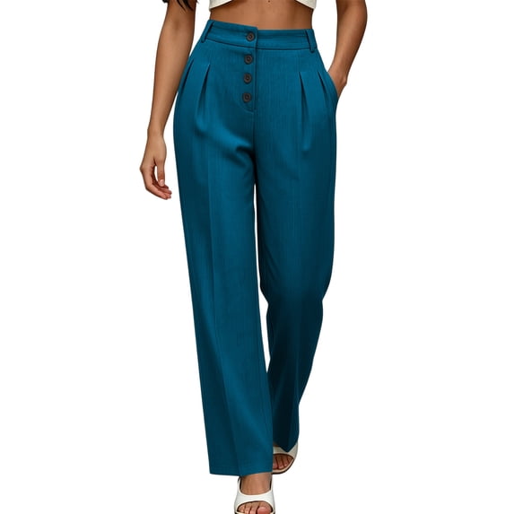 SAWOBUUN Women Wide Leg Pants High Waisted Front Button Straight Leg Dress Pants Pleated Work Slacks for Office Business Casual