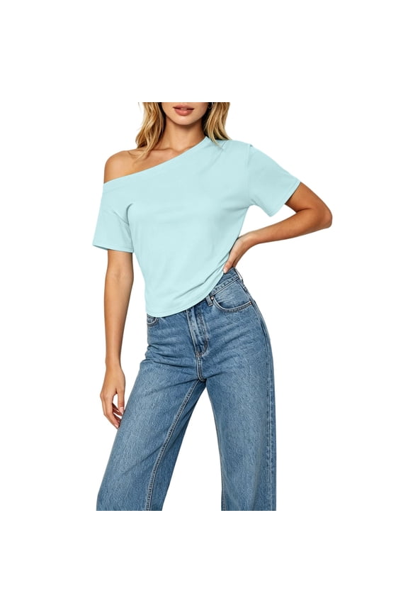 Women off the Shoulder Summer Top Asymmetric Neckline Short Sleeve Casual T Shirt Solid Basic Slim Shirt