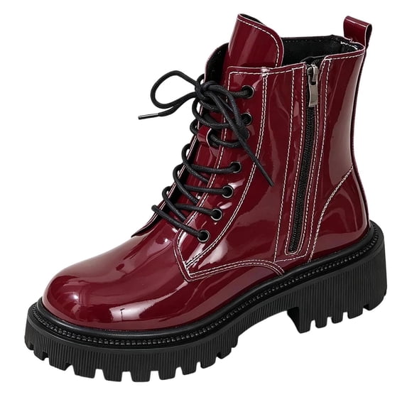 SAWOBUUN Women's Ankle Boots Patent Leather Round Toe Lace Up Thick Sole Non Slip Zipper Comfort Fashion Winter Booties