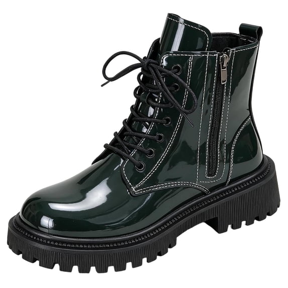 SAWOBUUN Women's Ankle Boots Patent Leather Round Toe Lace Up Thick Sole Non Slip Zipper Comfort Fashion Winter Booties