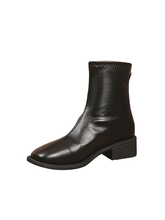 Women's Ankle Boots Square Toe Back Zipper Faux Leather Low Block Heel Fashion Casual Comfortable Slim Booties for Daily Wear
