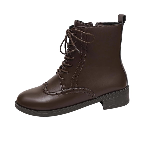 SAWOBUUN Women's Brogue Ankle Boots Faux Leather Round Toe Lace Up Back Zipper Low Heel Non Slip Comfort Winter Booties