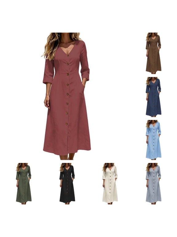 Women's Casual 3/4 Sleeve Shirt Dress V Neck Button Down Midi Dress Loose Fit Swing Dresses with Pockets