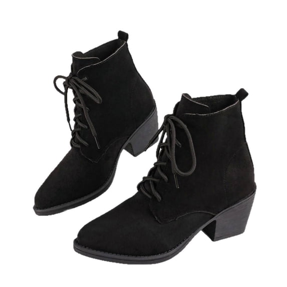 SAWOBUUN Women's Lace Up Ankle Boots Pointed Toe Faux Suede Chunky Block Heel Western Vintage Fashion Casual Booties for Daily Wear