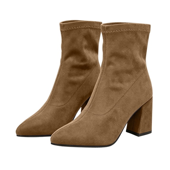 SAWOBUUN Women's Pointed Toe Ankle Boots Faux Suede Stretch Pull On Chunky Block Heel Sock Boots Fashion Casual Daily Booties