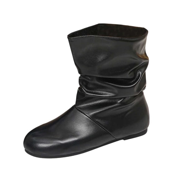SAWOBUUN Women's Slouchy Ankle Boots Faux Leather Round Toe Flat Sole Slip On Non Slip Comfort Casual Winter Booties