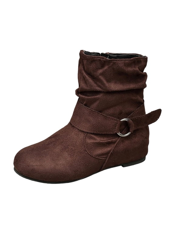 Women's Slouchy Ankle Boots Faux Suede Round Toe Flat Sole Zipper Buckle Strap Non Slip Comfort Casual Winter Booties