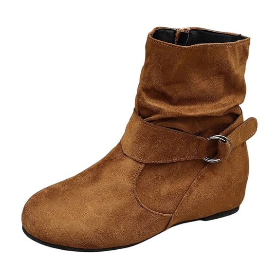SAWOBUUN Women's Slouchy Ankle Boots Faux Suede Round Toe Flat Sole Zipper Buckle Strap Non Slip Comfort Casual Winter Booties