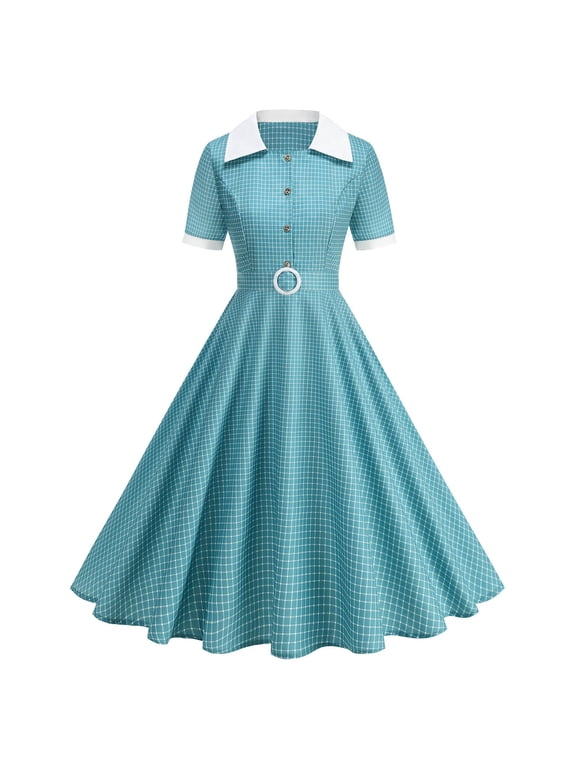 Womens 1950s Vintage Dress Polka Dot Short Sleeve Dress Lapel Collar Vintage A Line Swing Dress with Belt