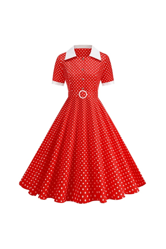 Womens 1950s Vintage Dress Polka Dot Short Sleeve Dress Lapel Collar Vintage A Line Swing Dress with Belt