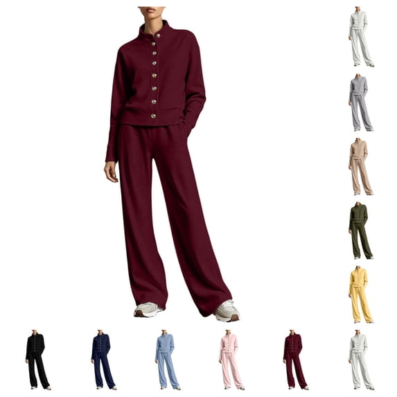 SAWOBUUN Womens 2 Piece Sweatsuits Stand Collar Button Down Sweatshirt and Wide Leg Sweatpants Lounge Sets