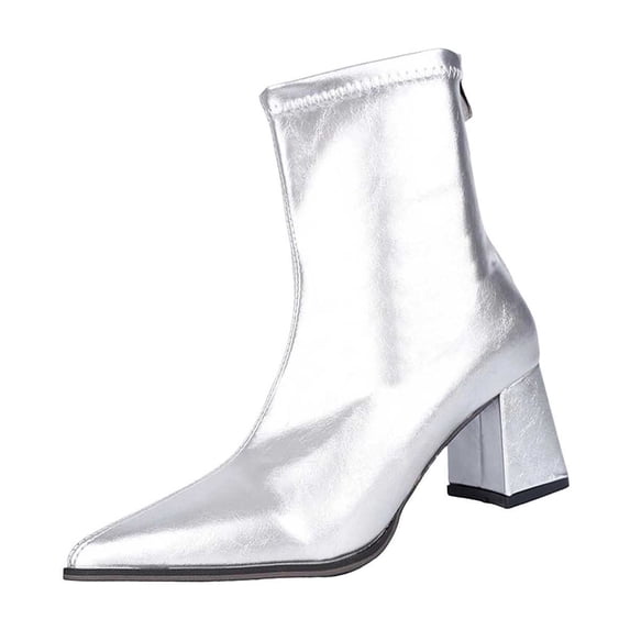SAWOBUUN Womens Ankle Boots Patent Leather Round Toe Back Zipper Stretchy Block Heel Non Slip Comfort Fashion Winter Booties