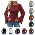 thumbnail image 1 of SAWOBUUN Womens Bell Long Sleeve Ribbed Knit Tops Boat Neck Y2k Going Out Tops Slim Fit Trendy Fall Winter Outfits, 1 of 6