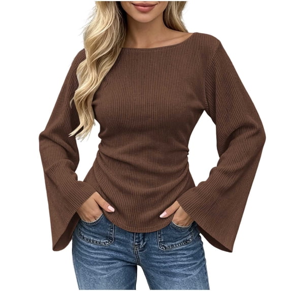 SAWOBUUN Womens Bell Long Sleeve Ribbed Knit Tops Boat Neck Y2k Going Out Tops Slim Fit Trendy Fall Winter Outfits
