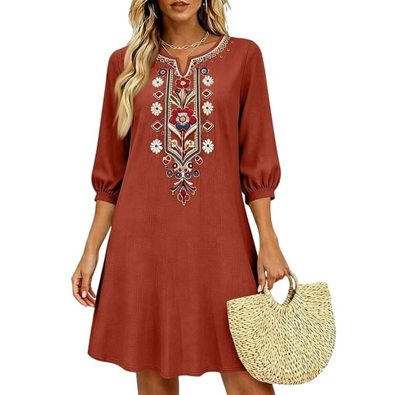 SAWOBUUN Womens Boho Embroidered Mini Dress Vintage 3/4 Sleeve V Neck Cotton Blend Dress Loose Fit Casual Swing Dress