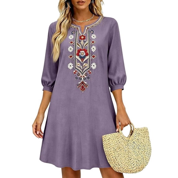 SAWOBUUN Womens Boho Embroidered Mini Dress Vintage 3/4 Sleeve V Neck Cotton Blend Dress Loose Fit Casual Swing Dress
