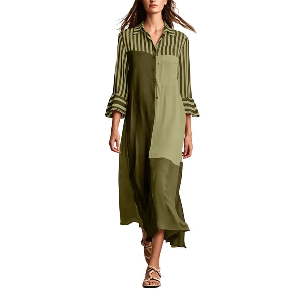 SAWOBUUN Womens Boho Striped Shirt Dress 3/4 Sleeve Color Block Button Maxi Dress Loose Fit Casual Beach Sundress