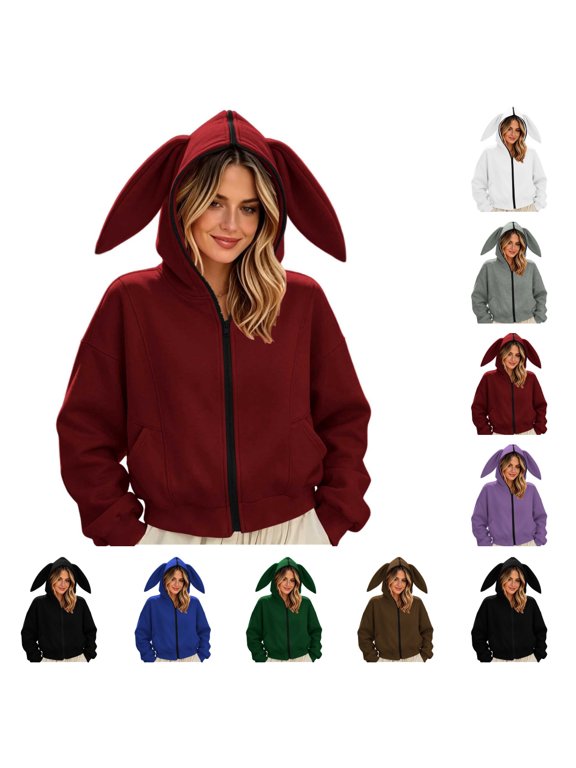 Womens Bunny Ear Hooded Zip Up Cropped Sweatshirt Long Sleeve Cute Rabbit Ear Hoodie Casual Outerwear Jacket with Pockets