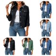 thumbnail image 1 of SAWOBUUN Womens Button Down Denim Jacket Lapel Collar Long Sleeve Casual Cropped Jean Coat with Pockets, 1 of 8