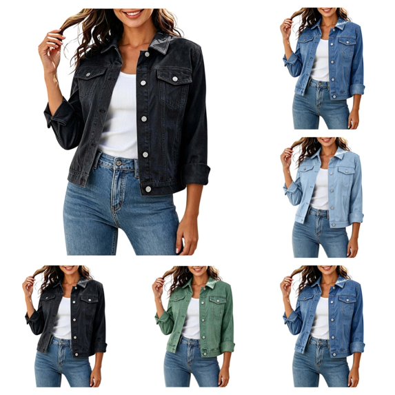 SAWOBUUN Womens Button Down Denim Jacket Lapel Collar Long Sleeve Casual Cropped Jean Coat with Pockets