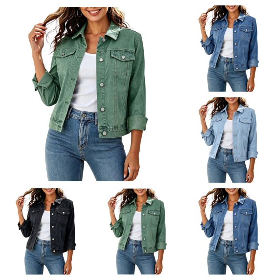 SAWOBUUN Womens Button Down Denim Jacket Lapel Collar Long Sleeve Casual Cropped Jean Coat with Pockets