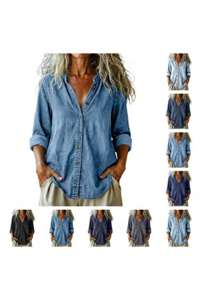 Womens Button Down Denim Shirt Long Sleeve Jean Shirt Classic Washed Tunic Denim Top