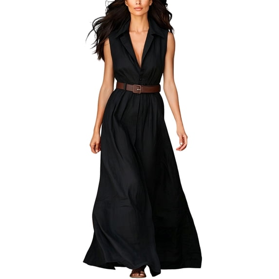 SAWOBUUN Womens Button Down Shirt Dress Sleeveless V Neck Lapel Maxi Dress Summer Casual Work Office Vacation Sundress