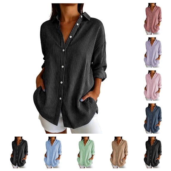 SAWOBUUN Womens Button Down Shirts Long Sleeve Striped Dress Shirt Collared Office Work Blouses Tops
