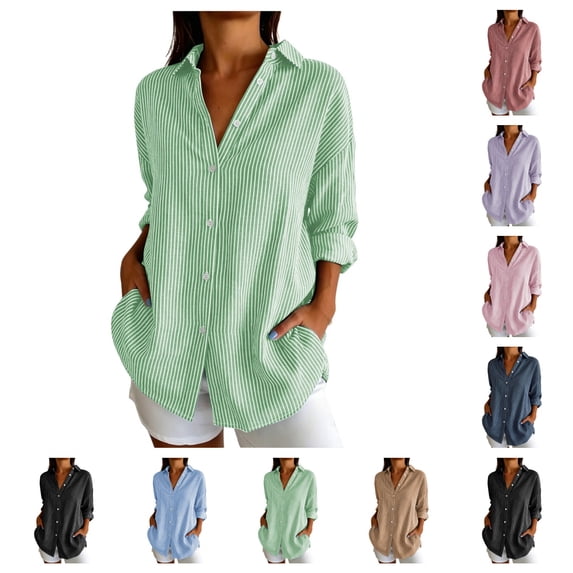 SAWOBUUN Womens Button Down Shirts Long Sleeve Striped Dress Shirt Collared Office Work Blouses Tops