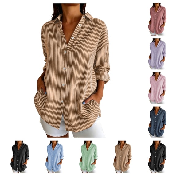 SAWOBUUN Womens Button Down Shirts Long Sleeve Striped Dress Shirt Collared Office Work Blouses Tops