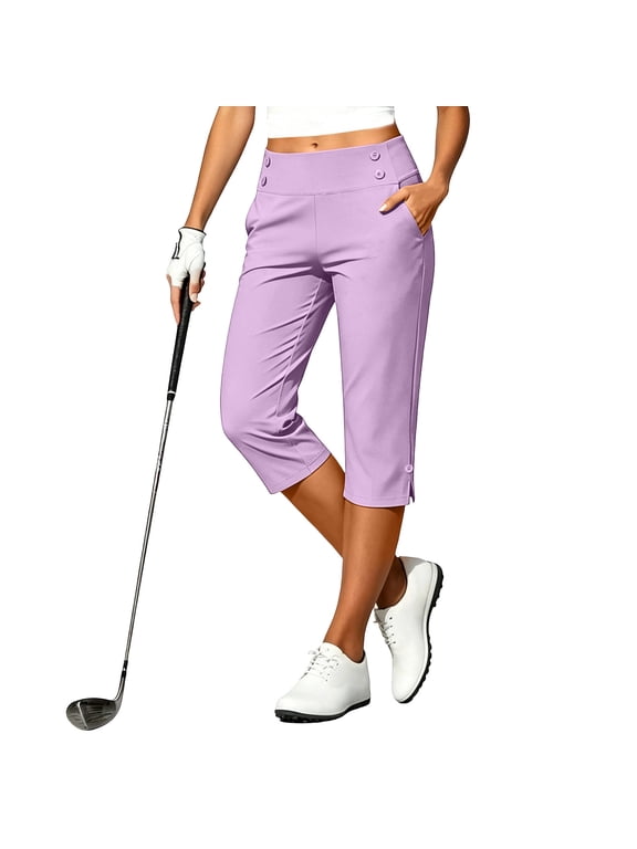 Womens Capri Pants High Waisted Elastic Waist Stretchy Workout Golf Casual Capris with Pockets