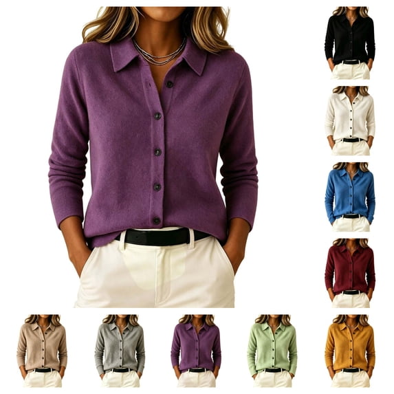 SAWOBUUN Womens Cardigan Sweaters Long Sleeve Collared Button Down Knit Lightweight Sweater Jacket Casual Fall Winter Outerwear