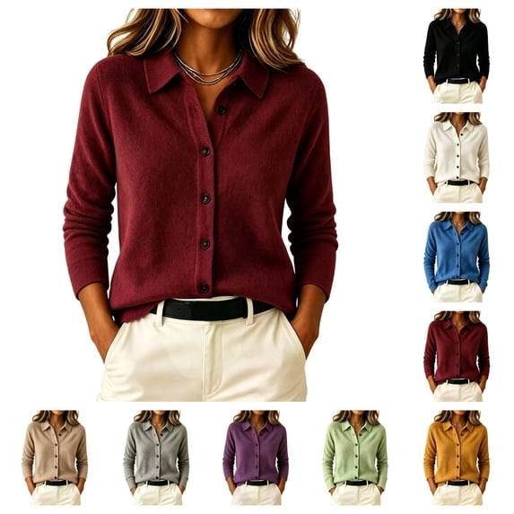 SAWOBUUN Womens Cardigan Sweaters Long Sleeve Collared Button Down Knit Lightweight Sweater Jacket Casual Fall Winter Outerwear