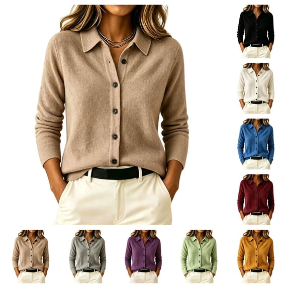 SAWOBUUN Womens Cardigan Sweaters Long Sleeve Collared Button Down Knit Lightweight Sweater Jacket Casual Fall Winter Outerwear