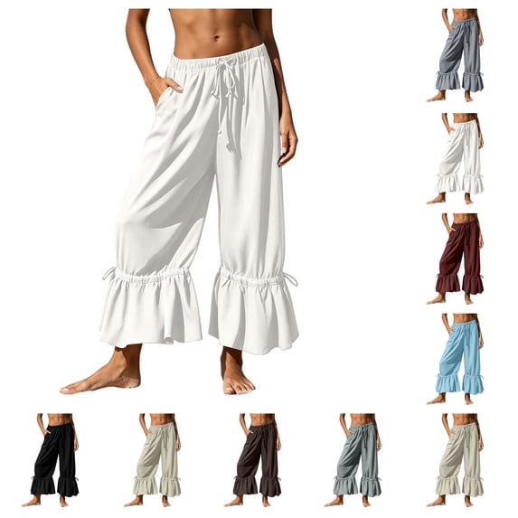 SAWOBUUN Womens Casual Cropped Pants High Waisted Drawstring Ruffle Hem Trousers Lightweight Loose Fit Adjustable Cuff Lounge Pants