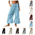 thumbnail image 1 of SAWOBUUN Womens Casual Cropped Pants High Waisted Drawstring Ruffle Hem Trousers Lightweight Loose Fit Adjustable Cuff Lounge Pants, 1 of 10