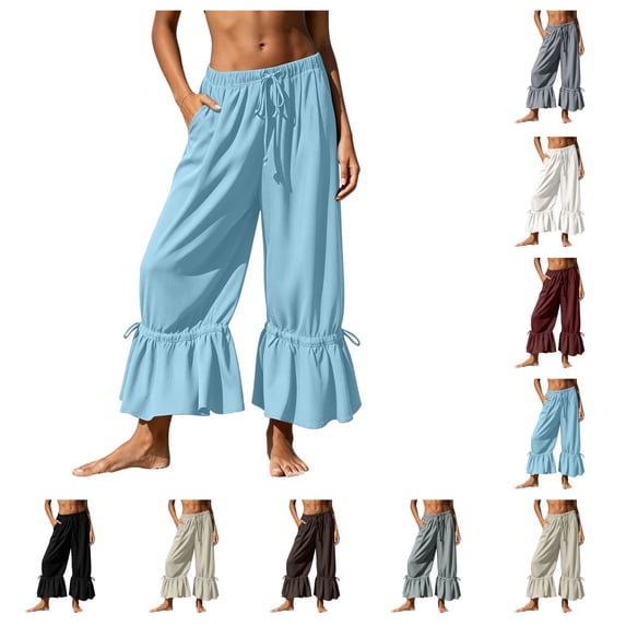 SAWOBUUN Womens Casual Cropped Pants High Waisted Drawstring Ruffle Hem Trousers Lightweight Loose Fit Adjustable Cuff Lounge Pants