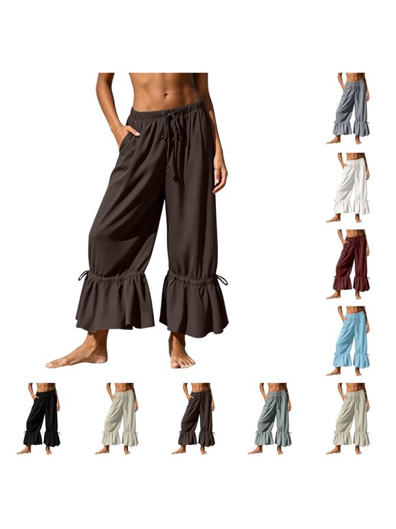 Womens Casual Cropped Pants High Waisted Drawstring Ruffle Hem Trousers Lightweight Loose Fit Adjustable Cuff Lounge Pants