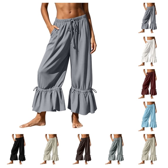SAWOBUUN Womens Casual Cropped Pants High Waisted Drawstring Ruffle Hem Trousers Lightweight Loose Fit Adjustable Cuff Lounge Pants