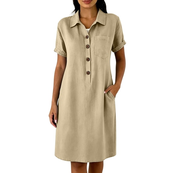 SAWOBUUN Womens Casual Shirt Dress Short Sleeve Collared Button Midi Dress Loose Fit Tunic Sundress with Chest Pocket