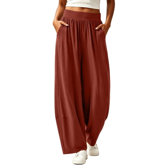SAWOBUUN Womens Casual Wide Leg Pants High Waisted Elastic Waist Solid Color Trousers Loose Fit Curved Hem Lounge Pants