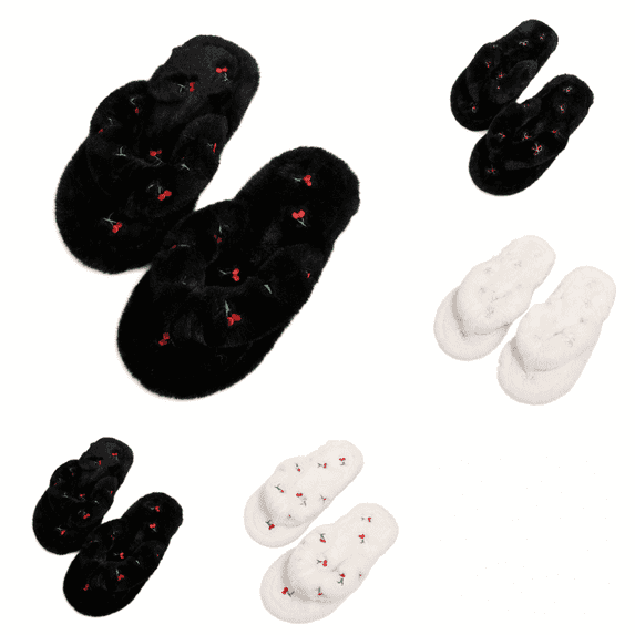 SAWOBUUN Womens Cherry Fuzzy Flip Flop Slippers Plush Thong House Slippers Cute Embroidered Warm Cozy Indoor Non Slip Soft Sole Bedroom Shoes