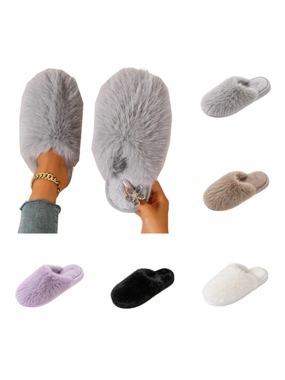 Womens Closed Toe Fuzzy Slippers Cozy Warm Fluffy Faux Fur House Slippers Winter Indoor Plush Scuff Slippers