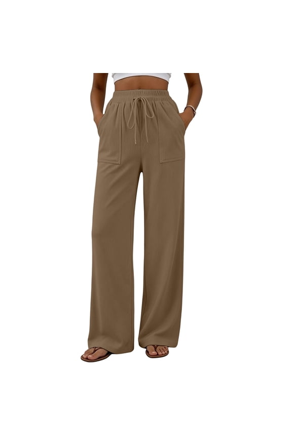 Womens Corduroy Wide Leg Pants Drawstring Elastic Waist Casual Trousers with Patch Pockets