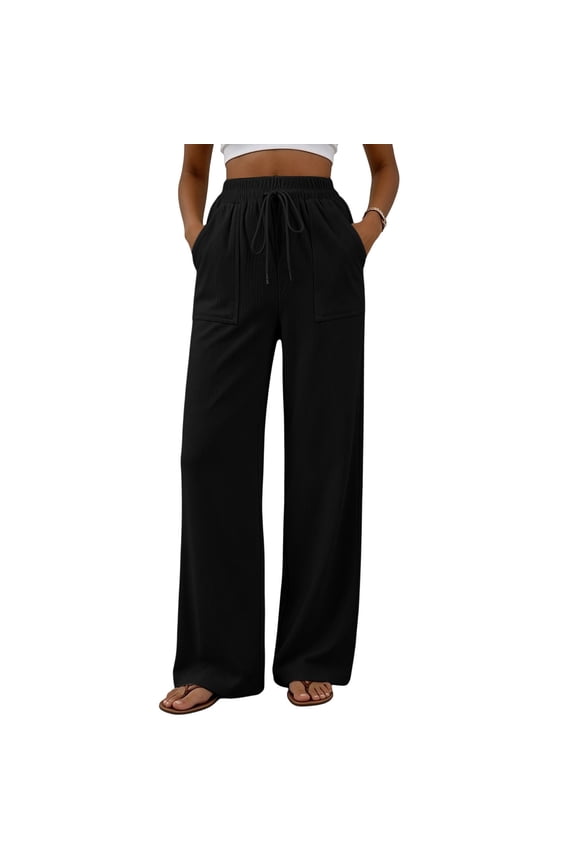 Womens Corduroy Wide Leg Pants Drawstring Elastic Waist Casual Trousers with Patch Pockets